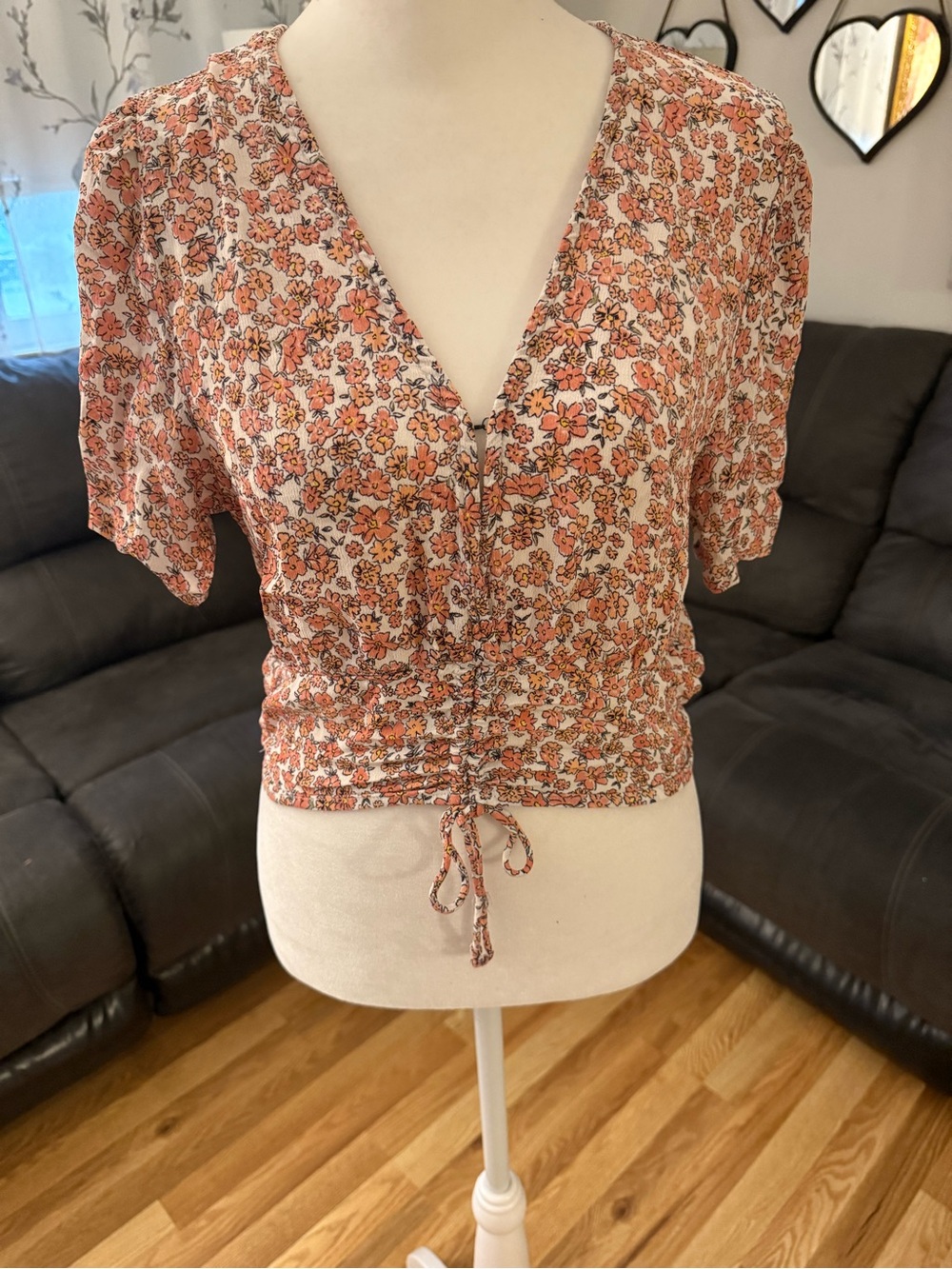 Cotton On Orange and Cream Floral V-Neck Drawstring Crop Top